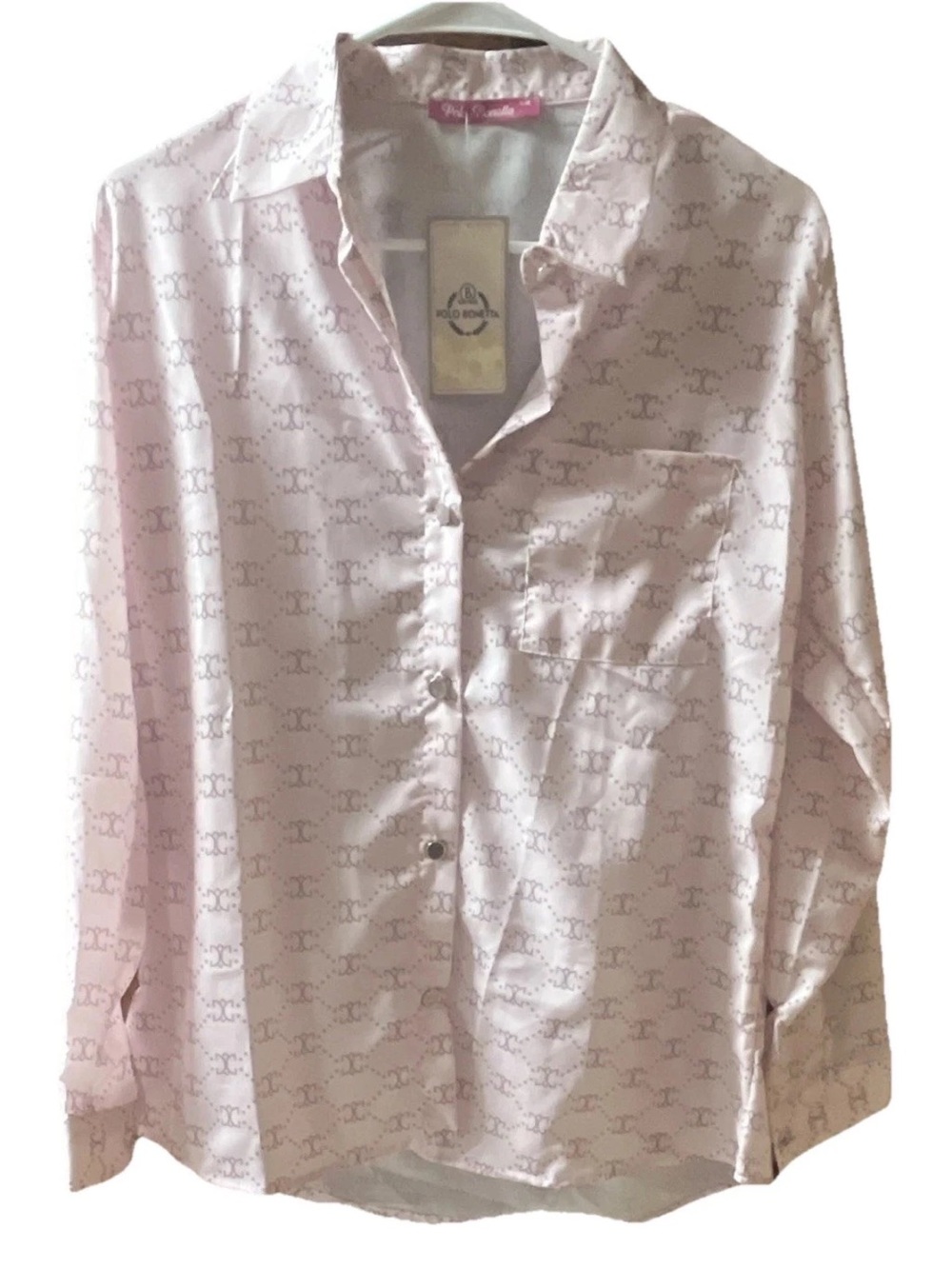 Polo Bonetta Women's L Pink Geometric Long Sleeve Collared Button-Up Blouse